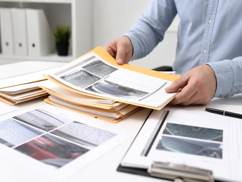 Editor arranging hail damage inspection folders on a light office desk
