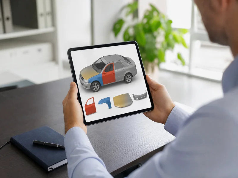 Tablet with weather damage inspection charts in user hands