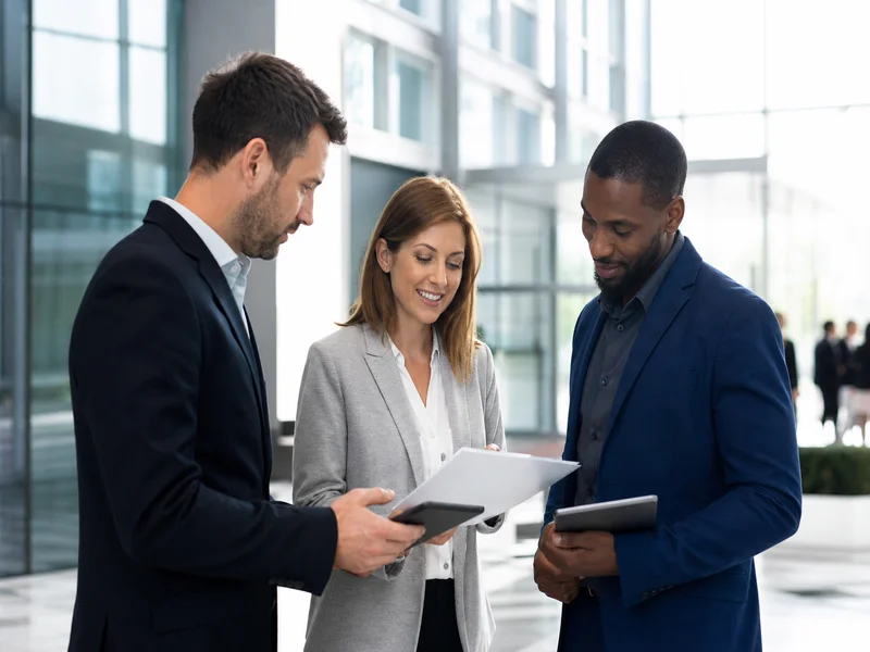 Small group in U.S. Bank Tower style office lobby reviewing inspection documents