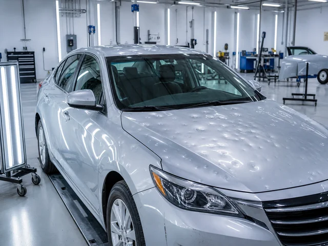 Hail-damaged vehicle hood under bright inspection lights in a light-themed workshop
